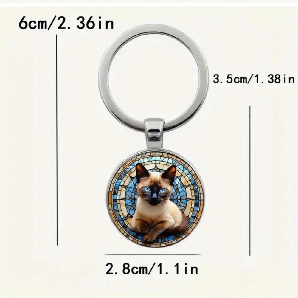 Siamese Cat with Blue Mosaic Cabochon Keychain Key Ring